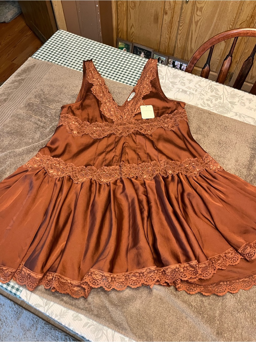Free People Brown Satin Lace-Trim Slip dress